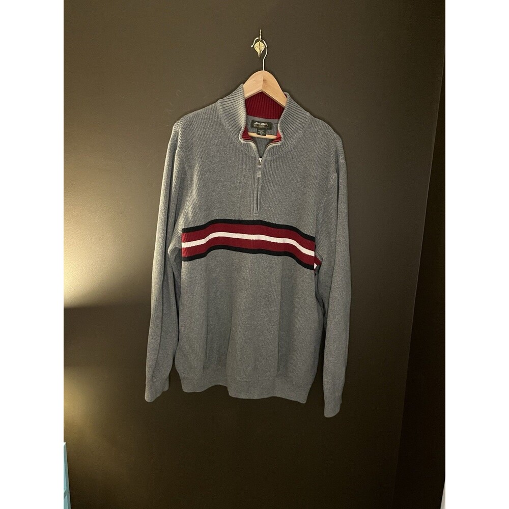 Vintage 90s Eddie Bauer XXL Tall Sweater 1/4 Zip Cotton Gray Stripe Hong Kong